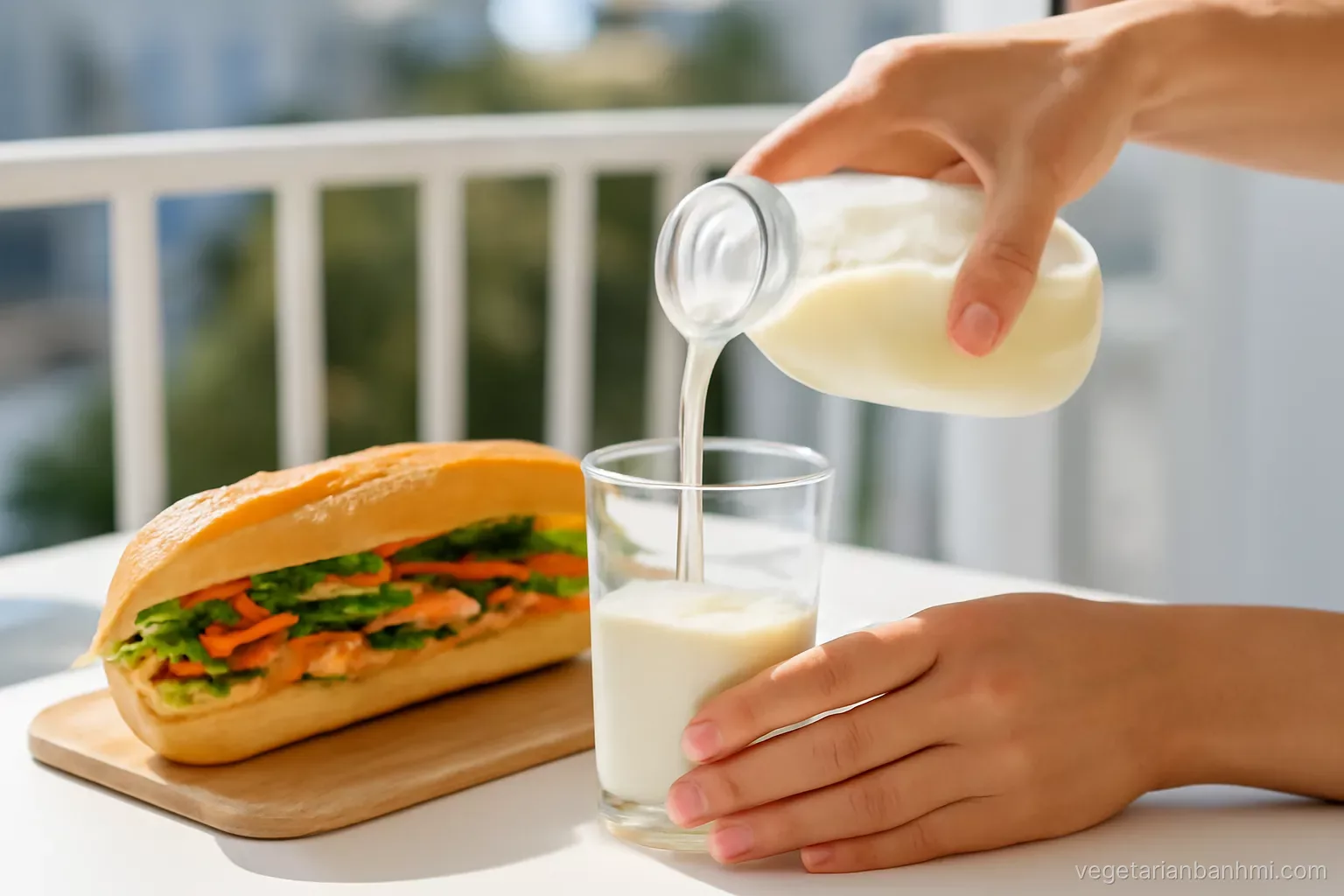 Close-up of hands pouring creamy soy milk into a glass beside a board holding a vegan Vietnamese baguette sandwich split lengthwise on a sunlit balcony table, shallow focus.