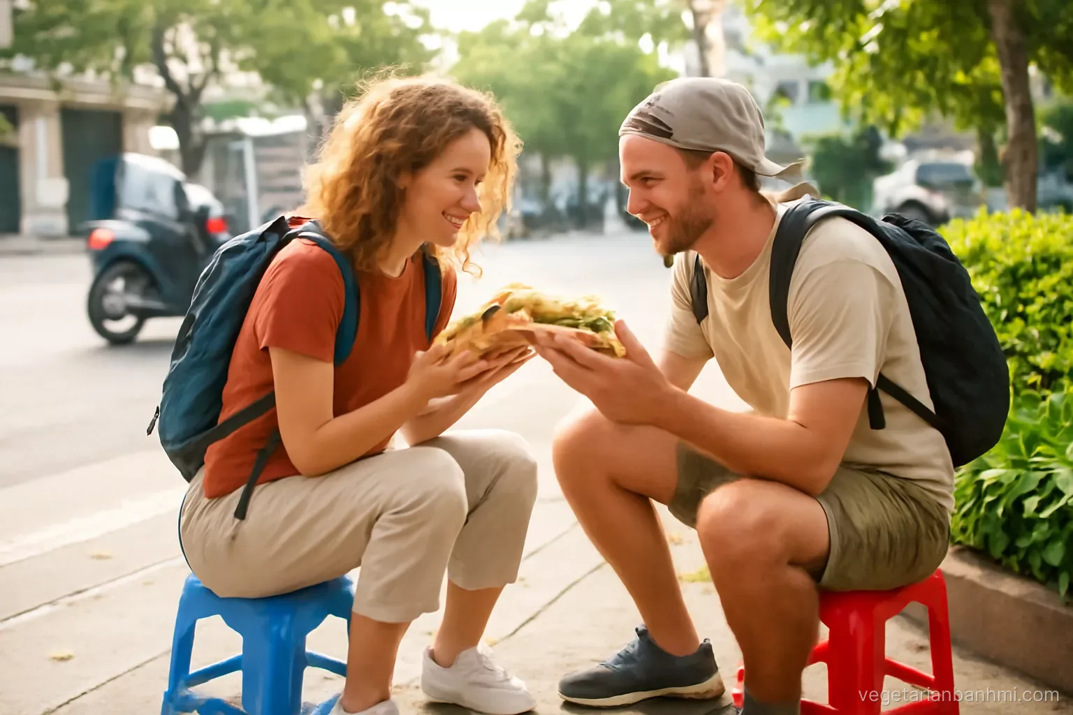 Two travellers with backpacks sharing a vegan Vietnamese baguette sandwich split lengthwise on low plastic stools on a leafy Saigon sidewalk, scooters blurred behind, wide street-level shot, late-afternoon light.