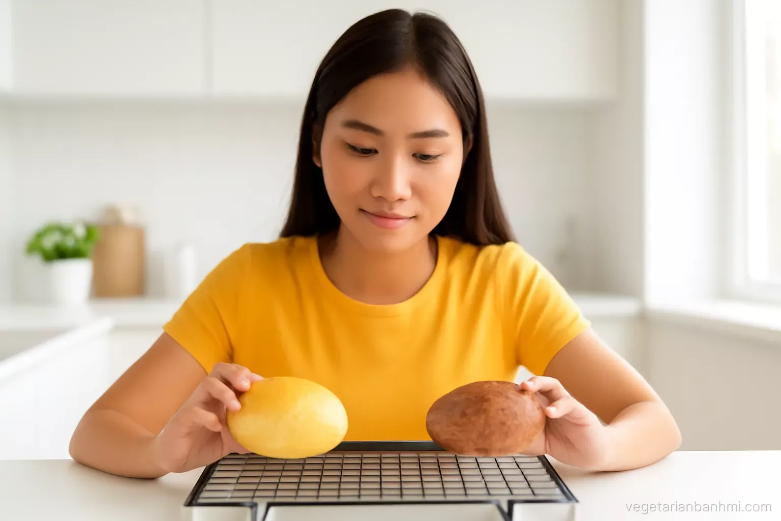 A young Vietnamese woman comparing a golden white roll and a nutty brown whole wheat roll on a cooling rack in a bright minimalist kitchen, eye-level, fresh morning light