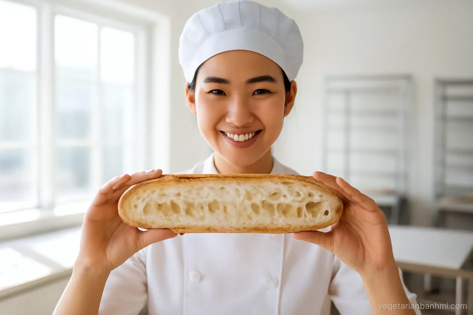 A young Vietnamese pastry student holding up a crusty Vietnamese baguette split lengthwise to a sunny window, airy crumb and thin golden crust glowing, bright baking classroom, eye-level.
