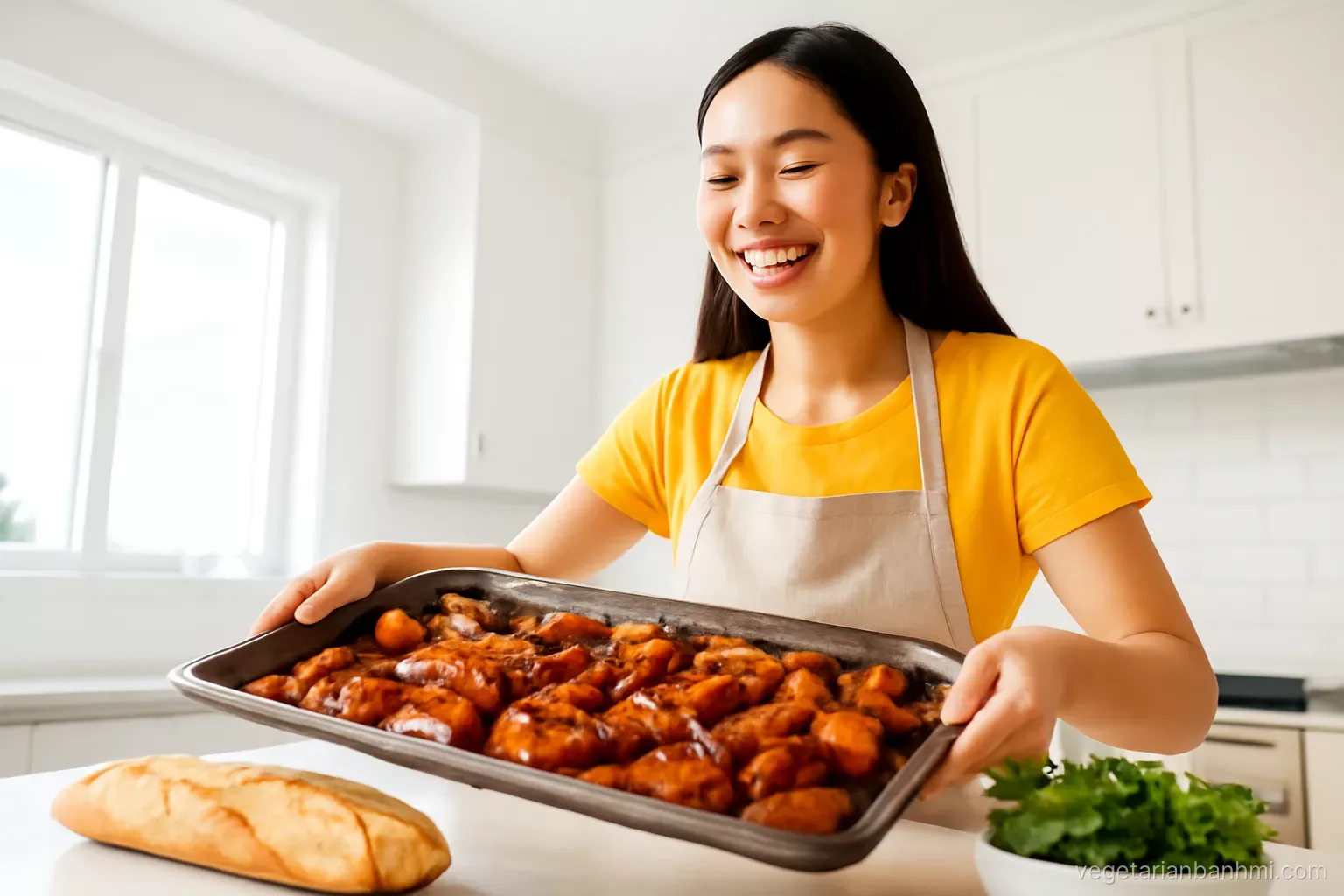 Low angle shot of a Vietnamese woman in a bright modern kitchen lifting a sheet pan of glossy caramelized jackfruit, a Vietnamese baguette split lengthwise and herbs on the counter.