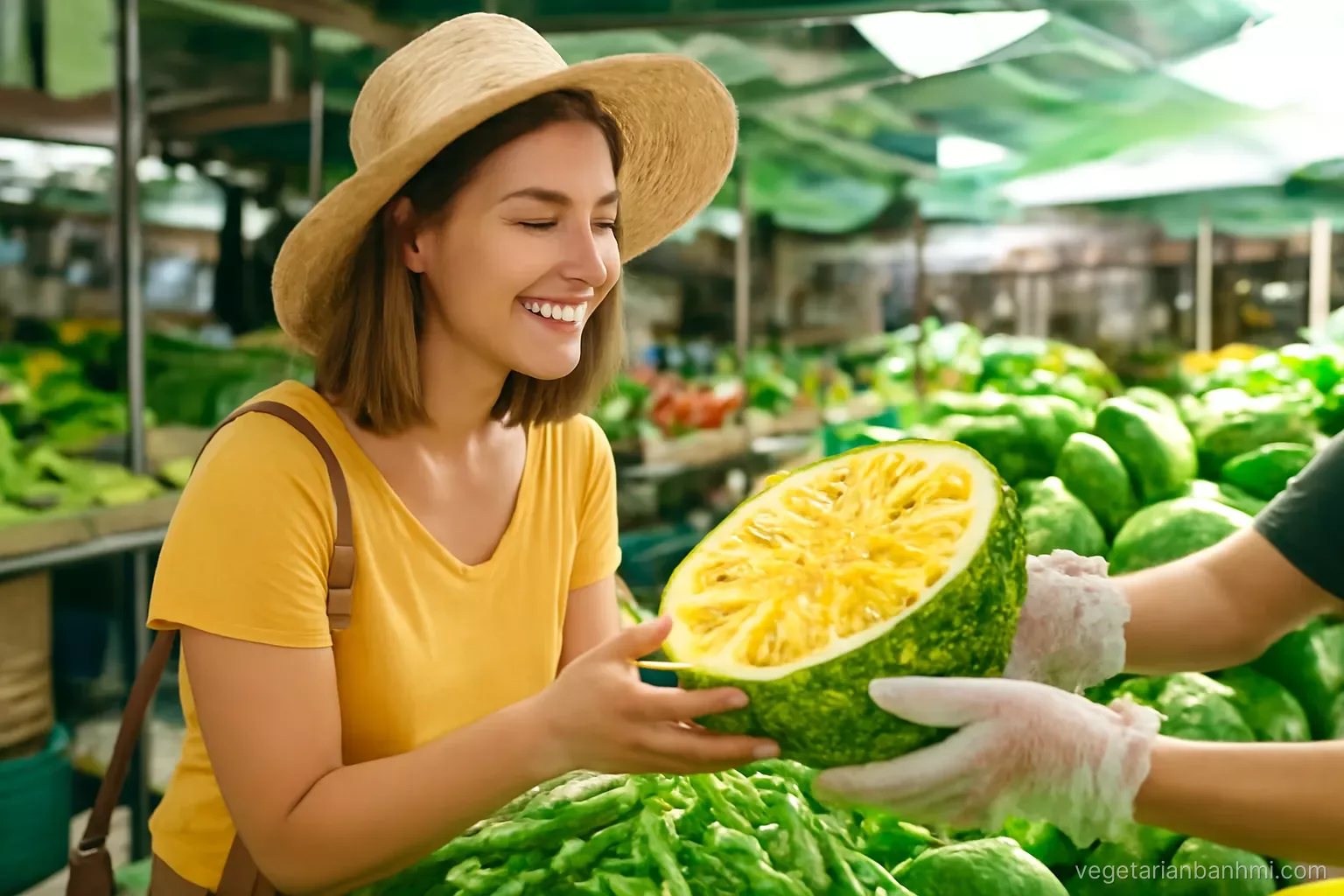 Eye-level shot of a smiling traveller at a bright Vietnamese market stall examining a halved green young jackfruit, the vendor wearing gloves, morning sun, vivid greens